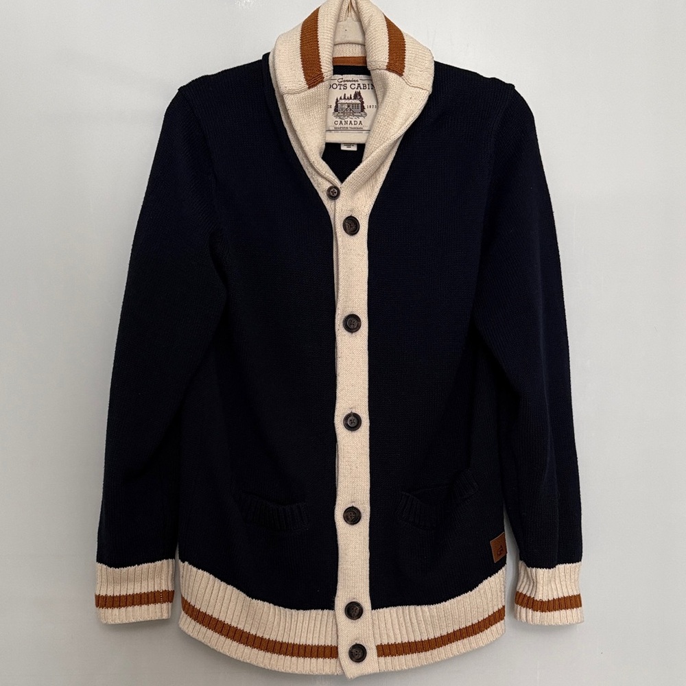 Roots Cabin Canada Shawl Collar Cardigan Navy/Cream Stripe Button Sweater size S